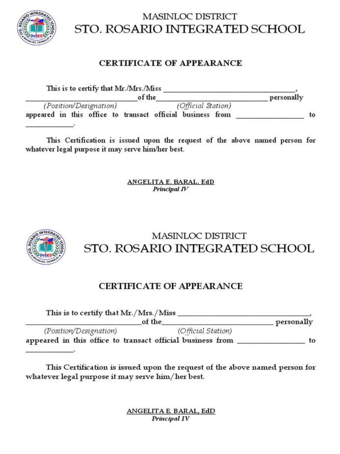 Certificate of Appearance Template  PDF