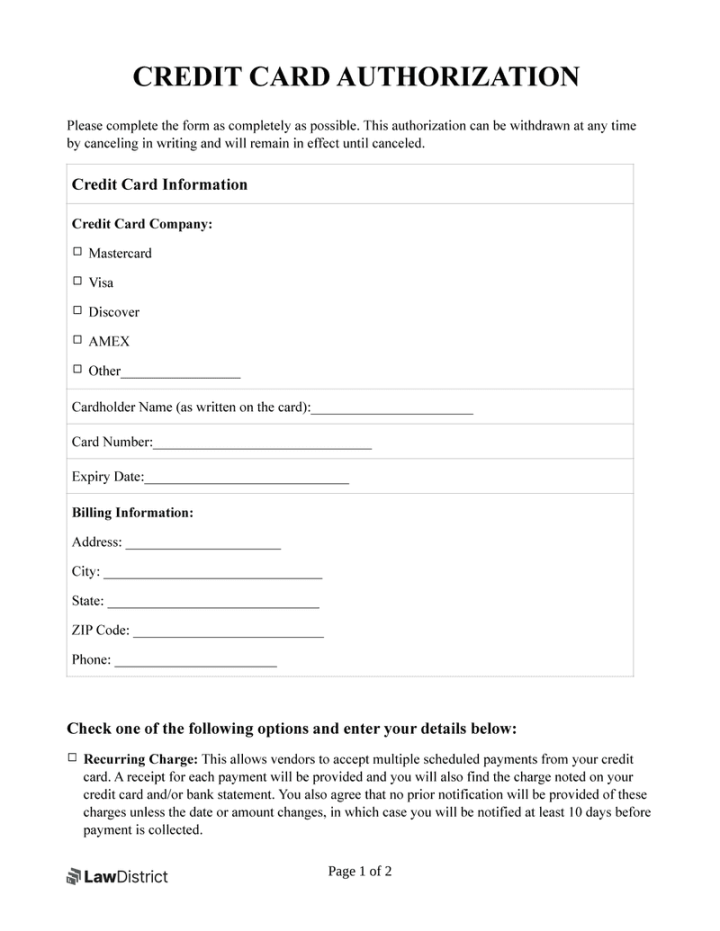 Credit Card Authorization Free Template  PDF & Word  LawDistrict