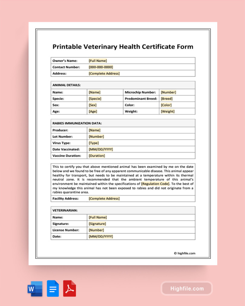 Printable Veterinary Health Certificate Form - Word  PDF  Docs