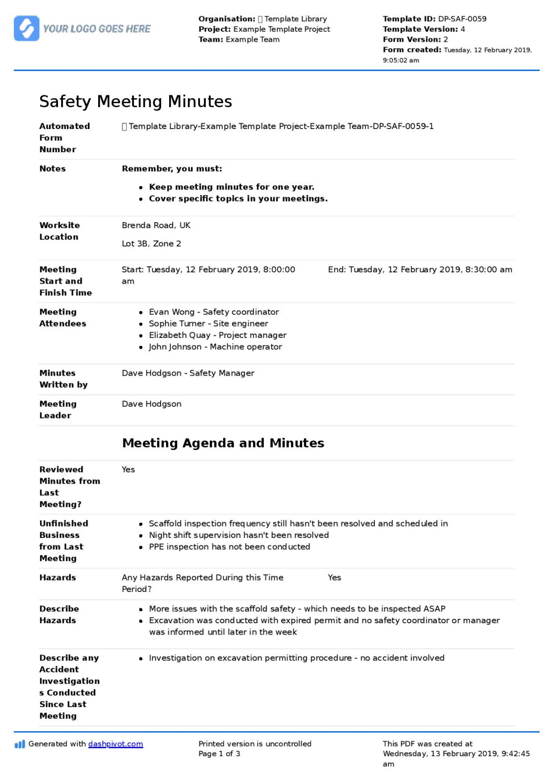 Safety Committee Meeting Agenda and Minutes Template